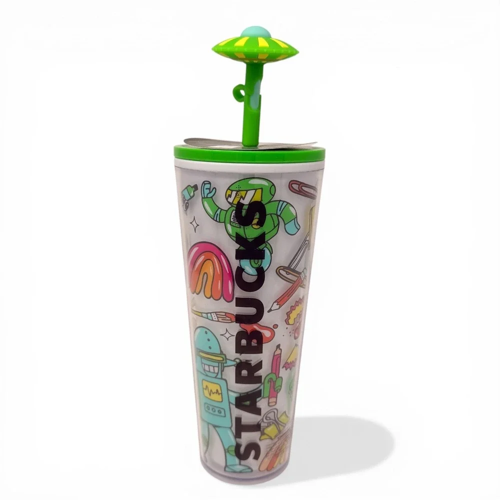 Starbucks Mexico 2024 Doodle Vibe Robot‎ Tumbler 24oz Venti UFO Straw Topper NWT